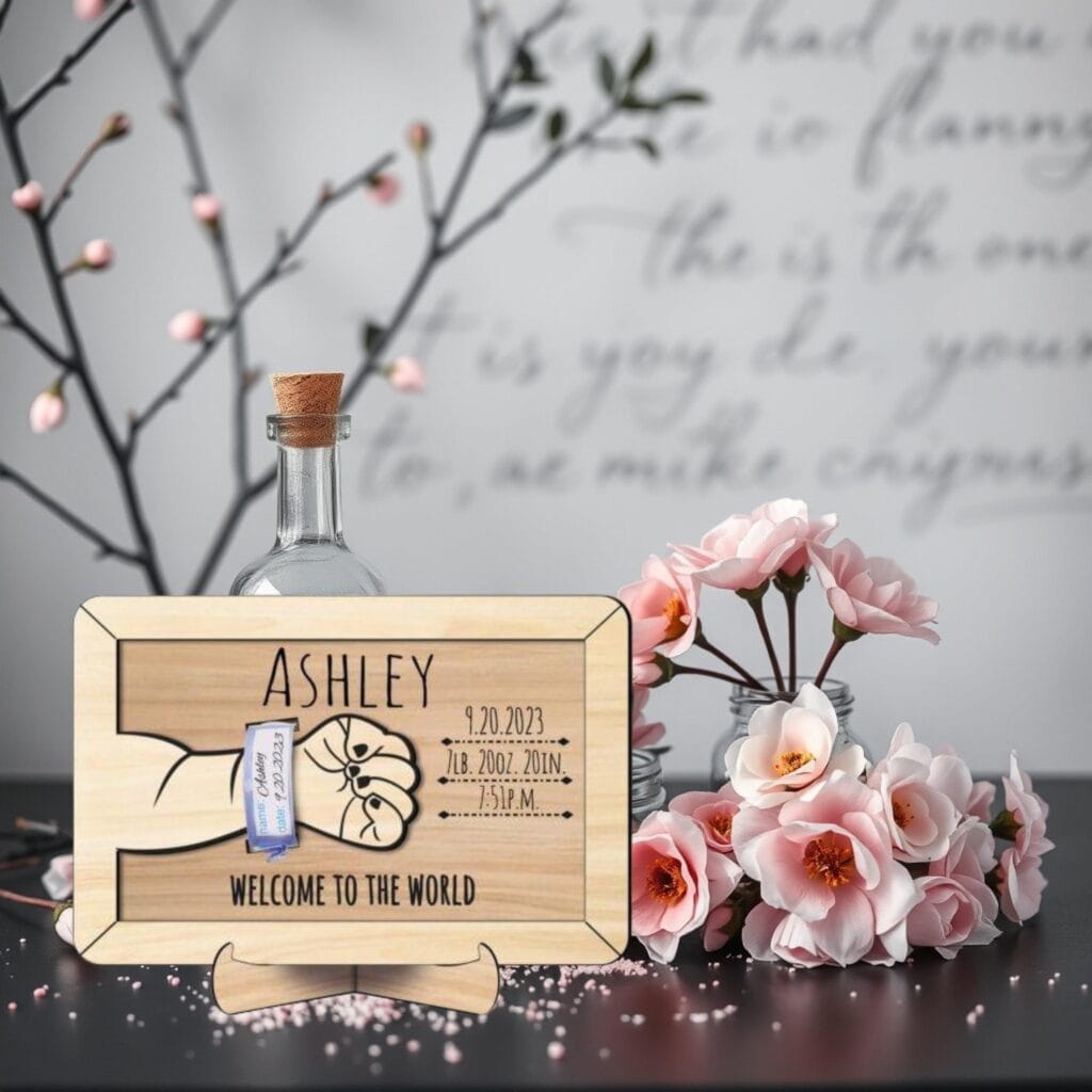 Laser Engraved Newborn Welcome Sign with Birth Bracelet Holder